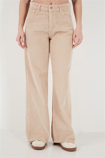 Fitilli Kadife Dokulu Bol Paça Wide Leg Kadın Pantolon 668YP5682 KOYU TAŞ