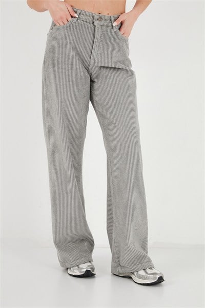 Fitilli Kadife Dokulu Bol Paça Wide Leg Kadın Pantolon 668YP5682 FÜME