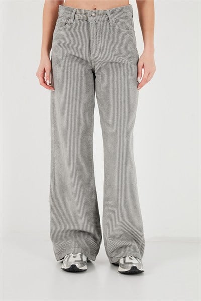 Fitilli Kadife Dokulu Bol Paça Wide Leg Kadın Pantolon 668YP5682 FÜME