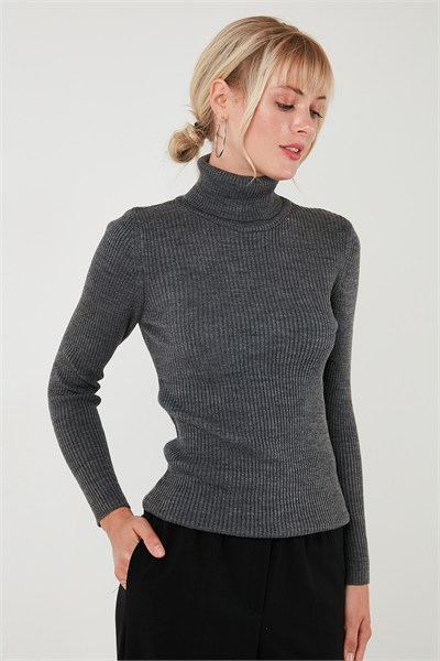 Fitilli Regular Fit Balıkçı Yaka Soft Akrilik Kadın Kazak 4614102 Kar Gri