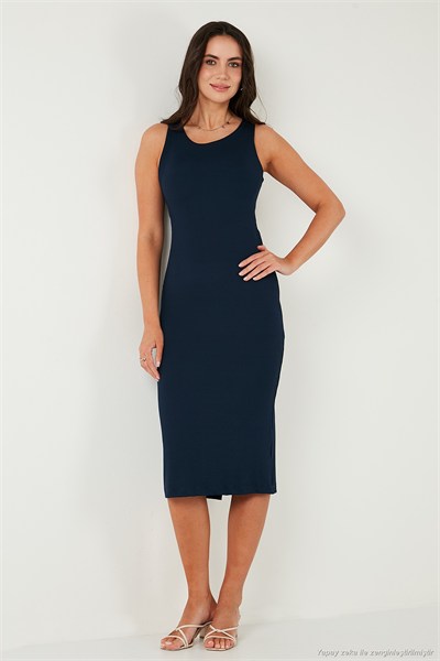 Fitilli Slim Fit Bisiklet Yaka Yırtmaçlı Midi Boy Kadın Elbise 5866101 LACİVERT