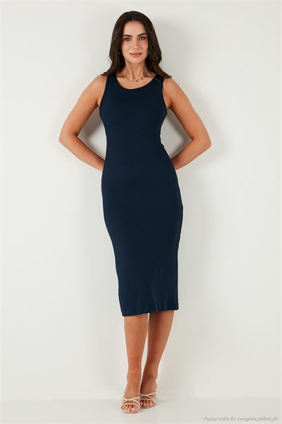 Fitilli Slim Fit Bisiklet Yaka Yırtmaçlı Midi Boy Kadın Elbise 5866101 LACİVERT