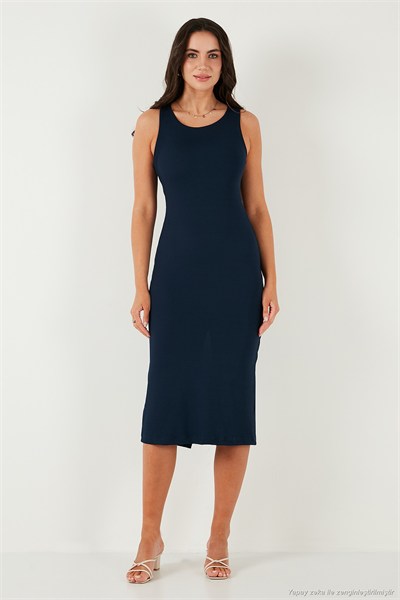 Fitilli Slim Fit Bisiklet Yaka Yırtmaçlı Midi Boy Kadın Elbise 5866101 LACİVERT