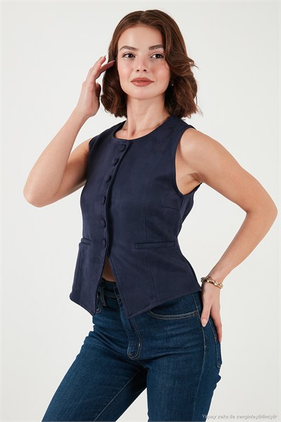 Fitted Fit Bisiklet Yaka Düğmeli Yumuşak Dokulu Kadın Yelek 5866435 LACİVERT