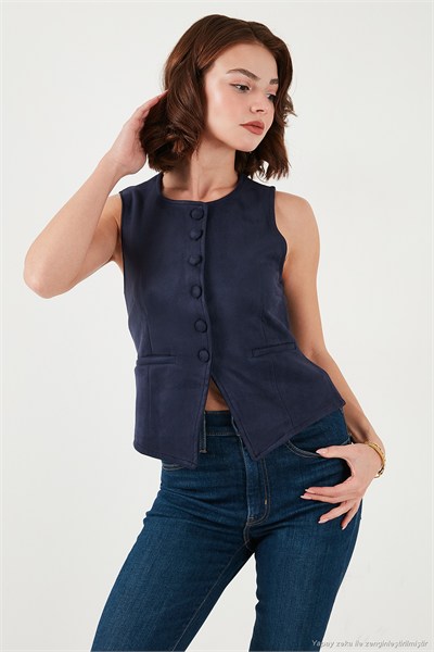 Fitted Fit Bisiklet Yaka Düğmeli Yumuşak Dokulu Kadın Yelek 5866435 LACİVERT