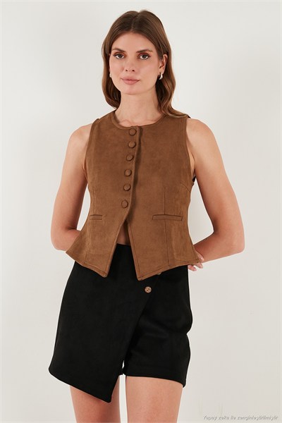 Fitted Fit Bisiklet Yaka Düğmeli Yumuşak Dokulu Kadın Yelek 5866435 TABA