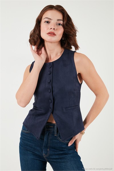 Fitted Fit Bisiklet Yaka Düğmeli Yumuşak Dokulu Kadın Yelek 5866435 LACİVERT