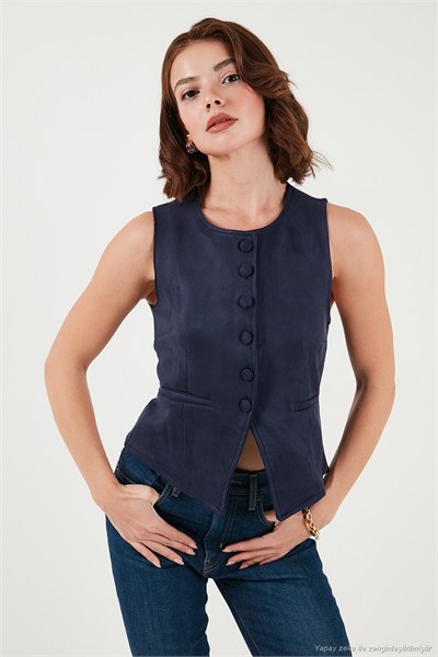 Fitted Fit Bisiklet Yaka Düğmeli Yumuşak Dokulu Kadın Yelek 5866435 LACİVERT