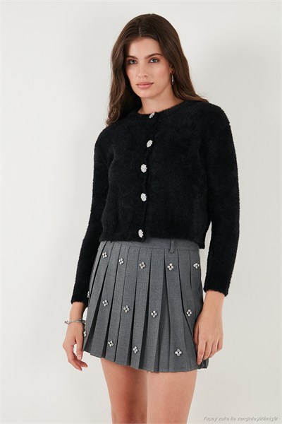 Fitted Fit Bisiklet Yaka Yumuşak Dokulu Crop Kadın Hırka 4615559 SİYAH