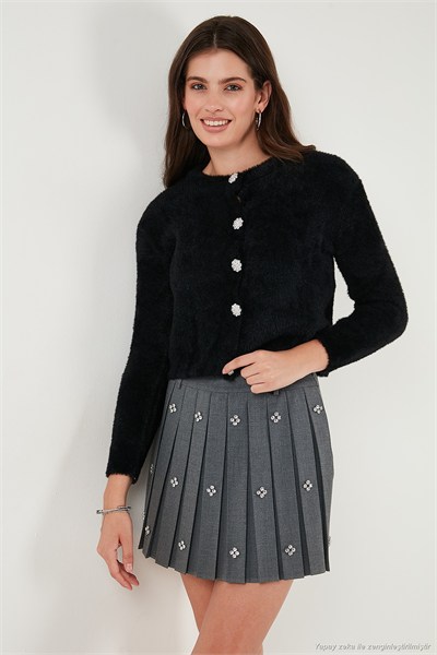 Fitted Fit Bisiklet Yaka Yumuşak Dokulu Crop Kadın Hırka 4615559 SİYAH