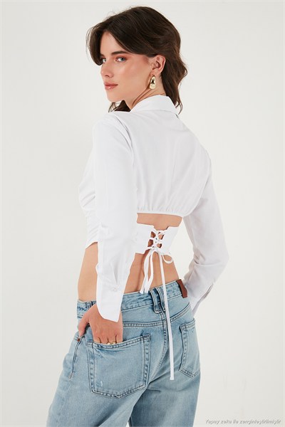 Fitted Fit Pamuklu Korse Detaylı Uzun Kollu Crop Kadın Gömlek 611GO00376 BEYAZ
