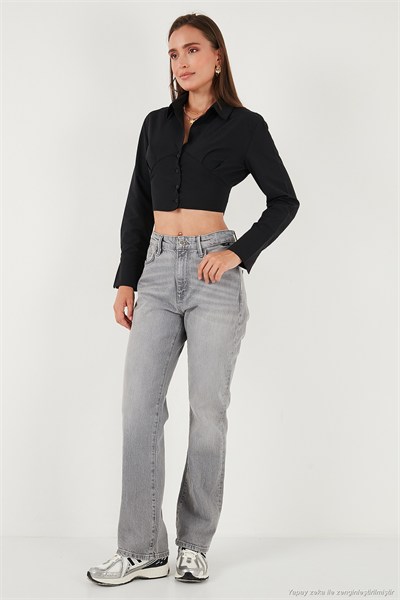 Fitted Fit Pamuklu Korse Detaylı Uzun Kollu Crop Kadın Gömlek 611GO00376 SİYAH