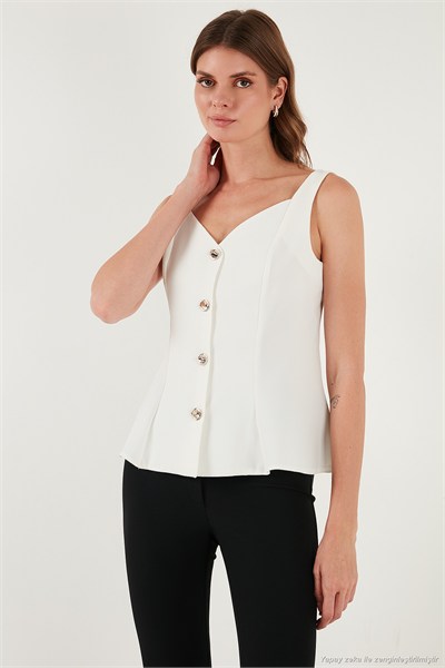 Fitted Fit V Yaka Düğmeli Kadın Yelek 611FYL145 EKRU