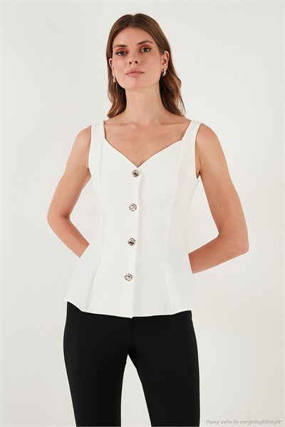 Fitted Fit V Yaka Düğmeli Kadın Yelek 611FYL145 EKRU