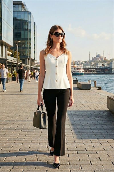 Fitted Fit V Yaka Düğmeli Kadın Yelek 611FYL145 EKRU