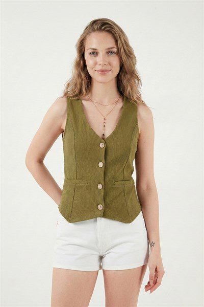 Fittili Regular Fit V Yaka Düğmeli Kadın Yelek 5866559 YAĞ YEŞİLİ