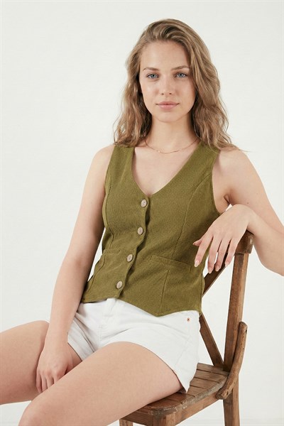 Fittili Regular Fit V Yaka Düğmeli Kadın Yelek 5866559 YAĞ YEŞİLİ