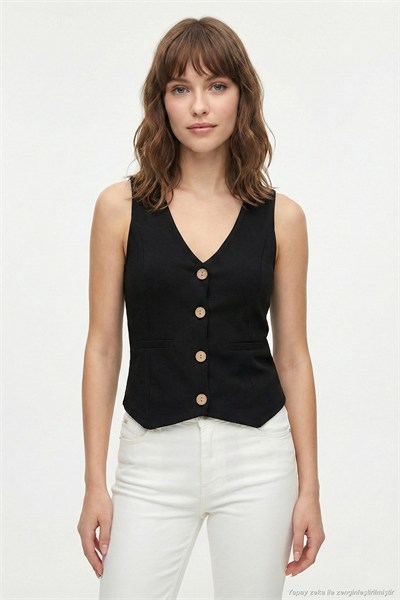 Fittili Regular Fit V Yaka Düğmeli Kadın Yelek 5866559 SİYAH