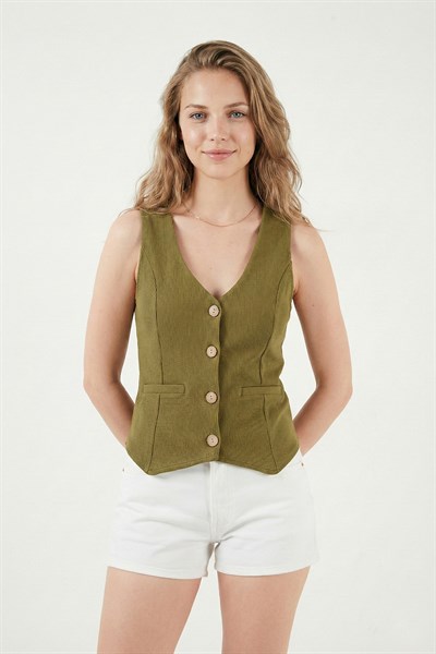 Fittili Regular Fit V Yaka Düğmeli Kadın Yelek 5866559 YAĞ YEŞİLİ