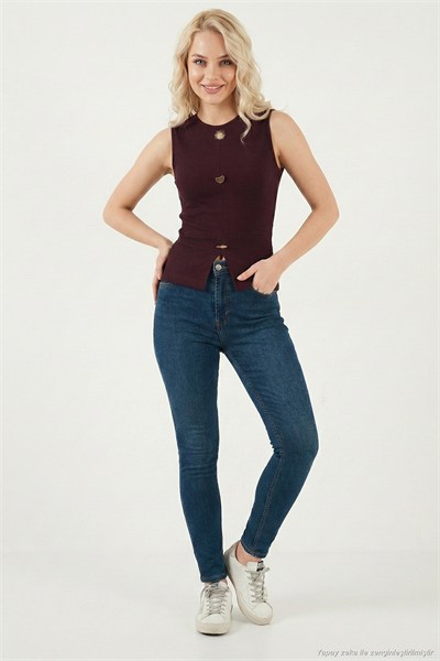 Fittted Fit Bisiklet Yaka Aksesuar Detaylı Kadın Bluz 5866475 MÜRDÜM