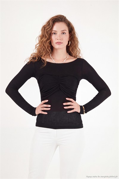 Göğüs Drape Detaylı Kayık Yaka Kadın Bluz 5867117 SİYAH