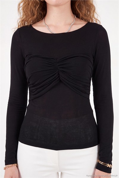 Göğüs Drape Detaylı Kayık Yaka Kadın Bluz 5867117 SİYAH