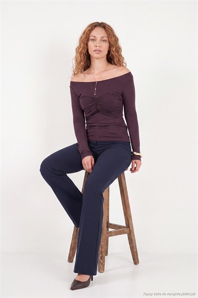 Göğüs Drape Detaylı Kayık Yaka Kadın Bluz 5867117 BORDO