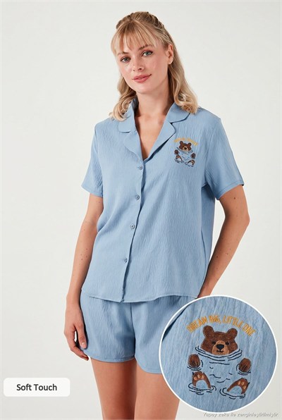Gömlek Yaka Beli Lastikli Kısa Kollu Şortlu Kadın Pijama Takımı 611PT00065 İNDİGO