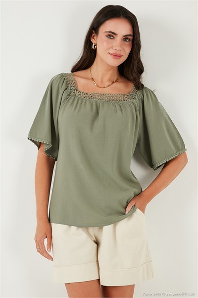 Güpürlü Regular Fit Kare Yaka Kadın Bluz 5869003 Olive