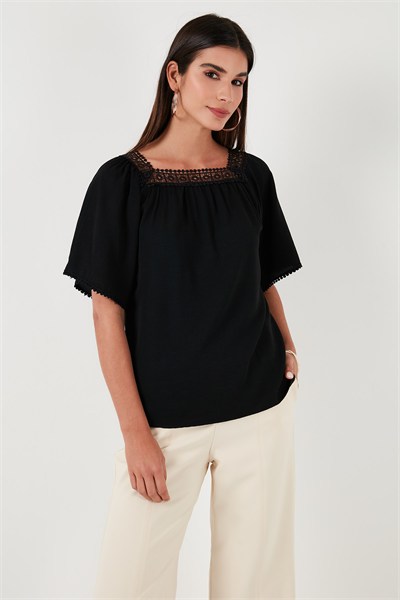 Güpürlü Regular Fit Kare Yaka Kadın Bluz 5865652 SİYAH