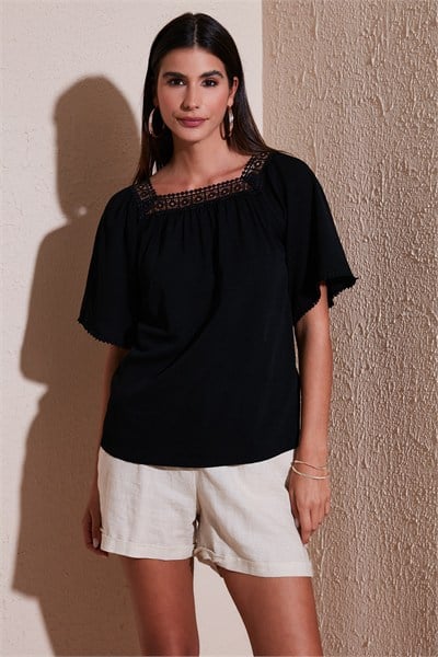 Güpürlü Regular Fit Kare Yaka Kadın Bluz 5865652 SİYAH