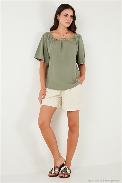 Güpürlü Regular Fit Kare Yaka Kadın Bluz 5869003 Olive