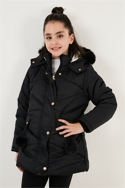 İçi Peluş Astarlı Kapüşonlu Şişme Kız Çocuk Mont 6035034 SİYAH