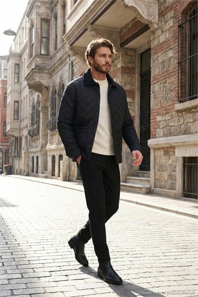 Kapitoneli Regular Fit Kadife Detaylı Erkek Mont 497LEROY SİYAH