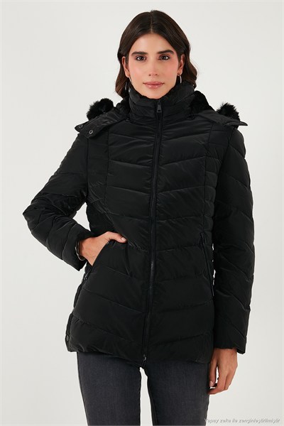 Kapitoneli Slim Fit Çıkarılabilir Kapüşonlu Kadın Mont 497MARA SİYAH