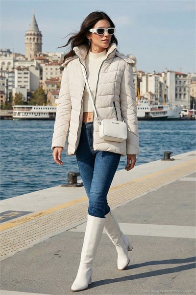 Kapitoneli Slim Fit Çıkarılabilir Kapüşonlu Kadın Mont 497MARA TAŞ