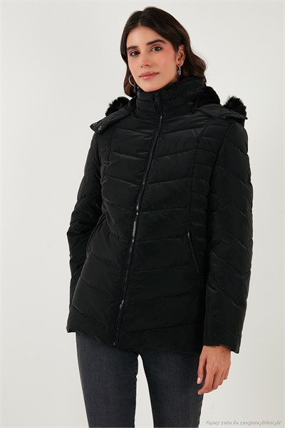 Kapitoneli Slim Fit Çıkarılabilir Kapüşonlu Kadın Mont 497MARA SİYAH