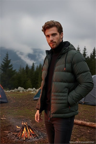 Kapüşonlu Cepli Slim Fit Şişme Erkek Mont 6490001 HAKİ