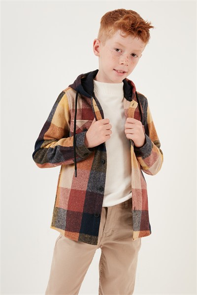 Kapüşonlu Çift Cepli Ekoseli Kışlık Oduncu Erkek Çocuk Gömlek CF24W81778 HARDAL