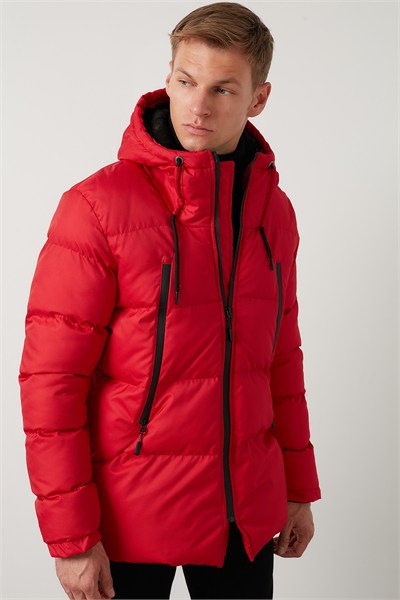 Kapüşonlu Suya ve Rüzgara Dayanıklı Soğuk Geçirmez Slim Fit Erkek Mont 5717101 KIRMIZI