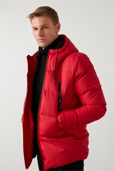 Kapüşonlu Suya ve Rüzgara Dayanıklı Soğuk Geçirmez Slim Fit Erkek Mont 5717101 KIRMIZI