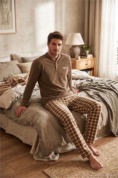 Kareli Düğmeli Hakim Yaka Yumuşak Dokulu Polar Erkek Pijama Takımı 6097023 CAMEL