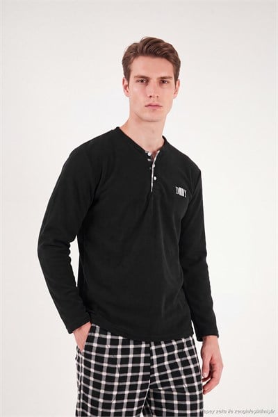 Kareli Düğmeli Hakim Yaka Yumuşak Dokulu Polar Erkek Pijama Takımı 6097023 SİYAH