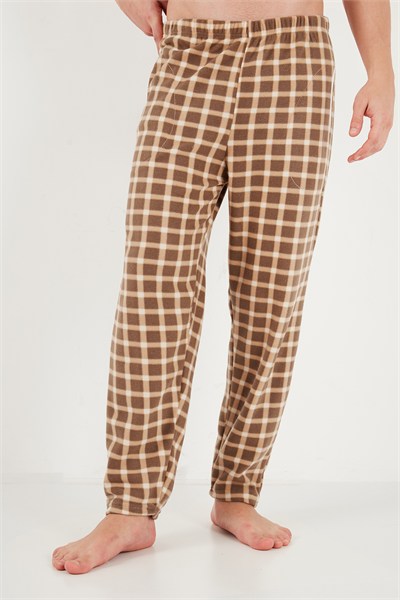 Kareli Düğmeli Hakim Yaka Yumuşak Dokulu Polar Erkek Pijama Takımı 6097023 CAMEL