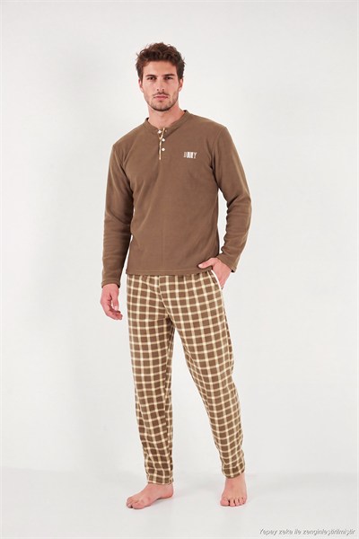 Kareli Düğmeli Hakim Yaka Yumuşak Dokulu Polar Erkek Pijama Takımı 6097023 CAMEL