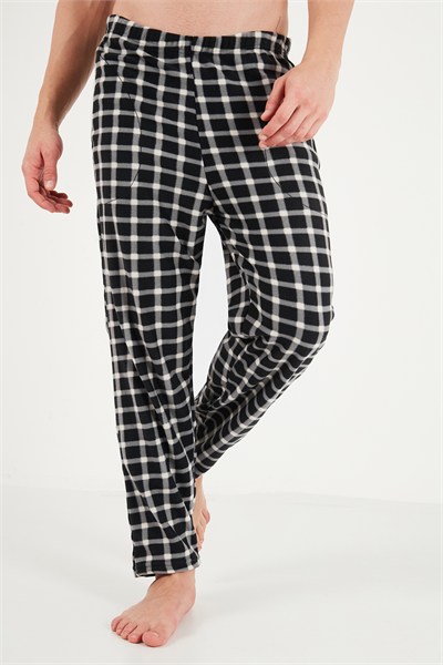 Kareli Düğmeli Hakim Yaka Yumuşak Dokulu Polar Erkek Pijama Takımı 6097023 SİYAH