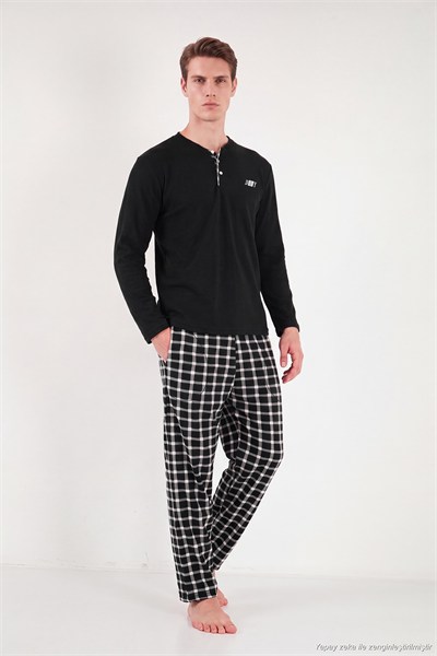 Kareli Düğmeli Hakim Yaka Yumuşak Dokulu Polar Erkek Pijama Takımı 6097023 SİYAH