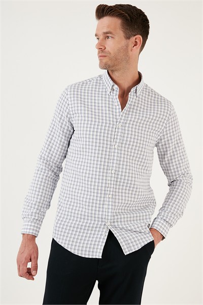 Kareli Pamuk Karışımlı Düğmeli Yaka Uzun Kollu Slim Fit Erkek Gömlek CF23S7497 LACİVERT-SİYAH
