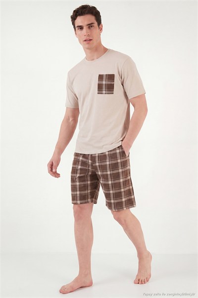 Kareli Pamuklu Regular Fit Şortlu Erkek Pijama Takımı 6572021 BEJ