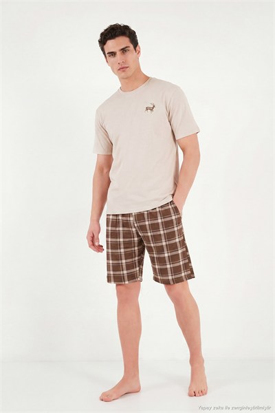 Kareli Pamuklu Regular Fit Şortlu Erkek Pijama Takımı 6572022 BEJ